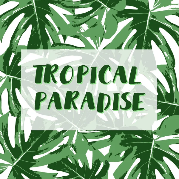 Lettering paraíso tropical com folhas palma no fundo —  Vetores de Stock