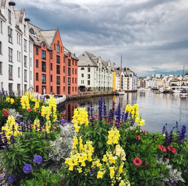 stock image Multicolored flowers growing at the streets of Alesund city center under a cloudy sky, Norway.