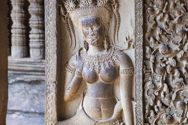 Dancing Apsaras Antiguo Arte Khmer Tallado Pared Angkor Wat Templo — Foto de Stock