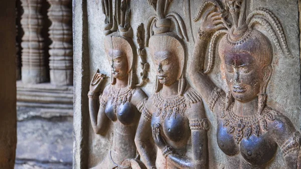 Dancing Apsaras Antiguo Arte Khmer Tallado Pared Angkor Wat Templo — Foto de Stock