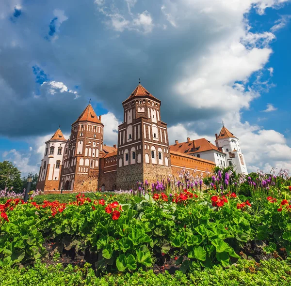 Flores crecen cerca del castillo medieval en Mir, Bielorrusia — Foto de Stock
