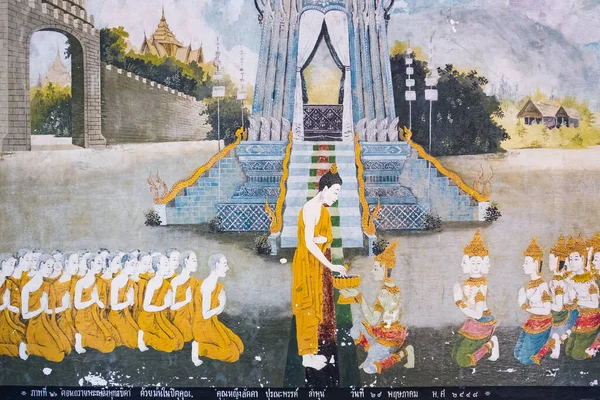 Fresco tailandés que representa una escena de la vida de Buda — Foto de Stock