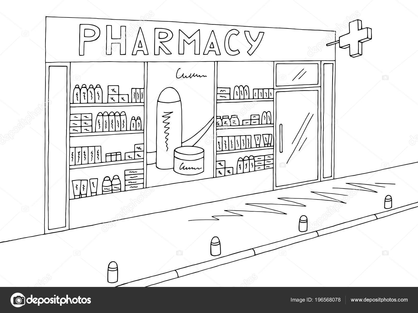 Farmacia Tienda Exterior Gráfico Negro Blanco Boceto Ilustración Vector