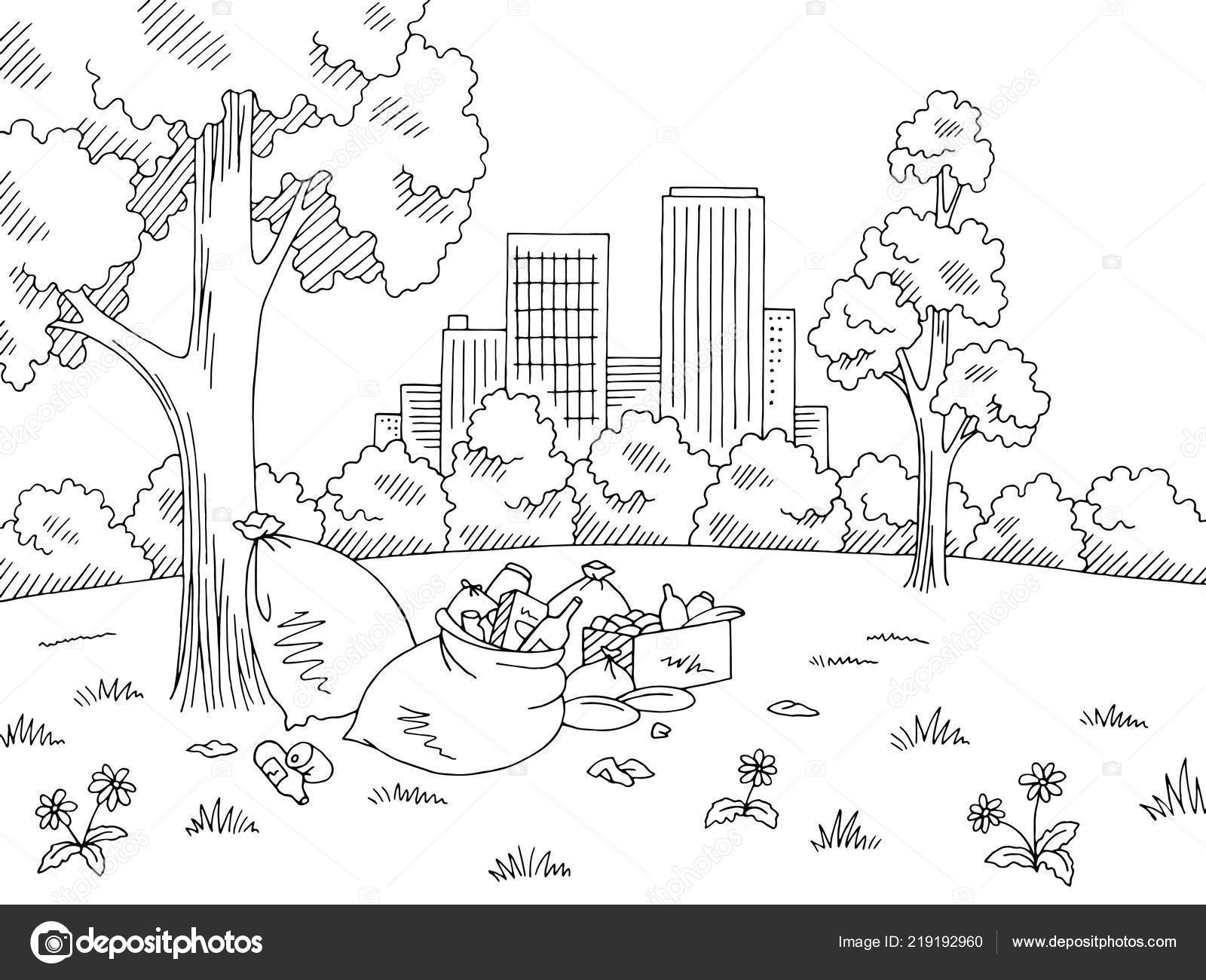 pic Dibujos De Parques Animados Para Colorear basura en el parque natural grafico negro blanco paisaje boceto ilustracion vector 219192960