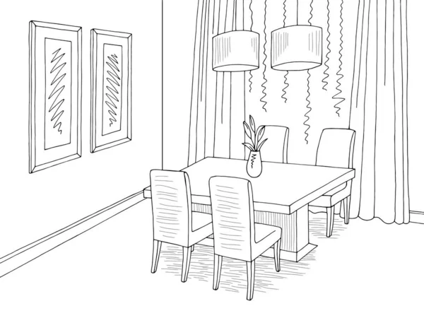 Dining room graphic black white sketch home interior illustration vector -  Stock Image - Everypixel