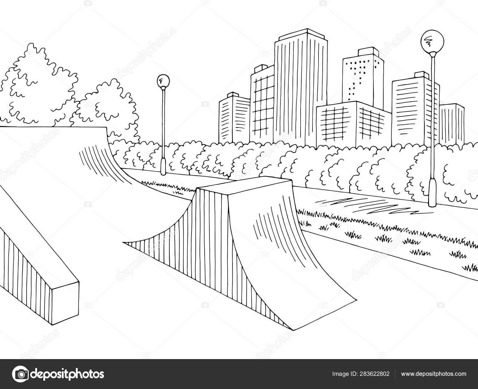 Skate Park Gráfico Negro Blanco Ciudad Paisaje Boceto Ilustración