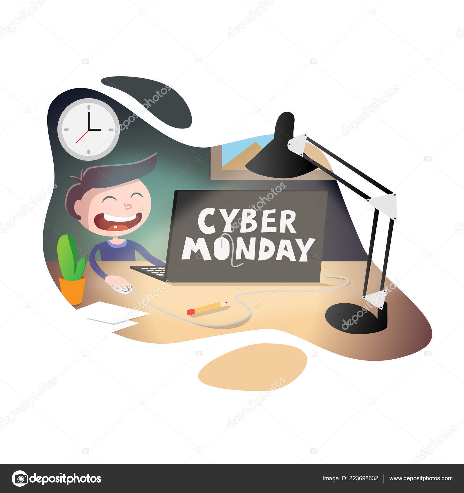 Cyber Monday Sale Vector Illustration Young Happy Smiling