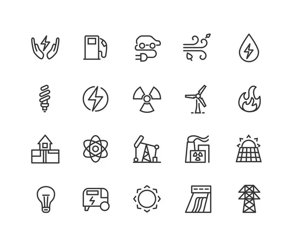 Conjunto de iconos lineales de energía eléctrica. Electricidad. Generación y acumulación de energía. Símbolos de contorno de línea delgada. Ilustraciones aisladas de contornos vectoriales. Carrera editable 48x48 Pixel Perfect . — Vector de stock