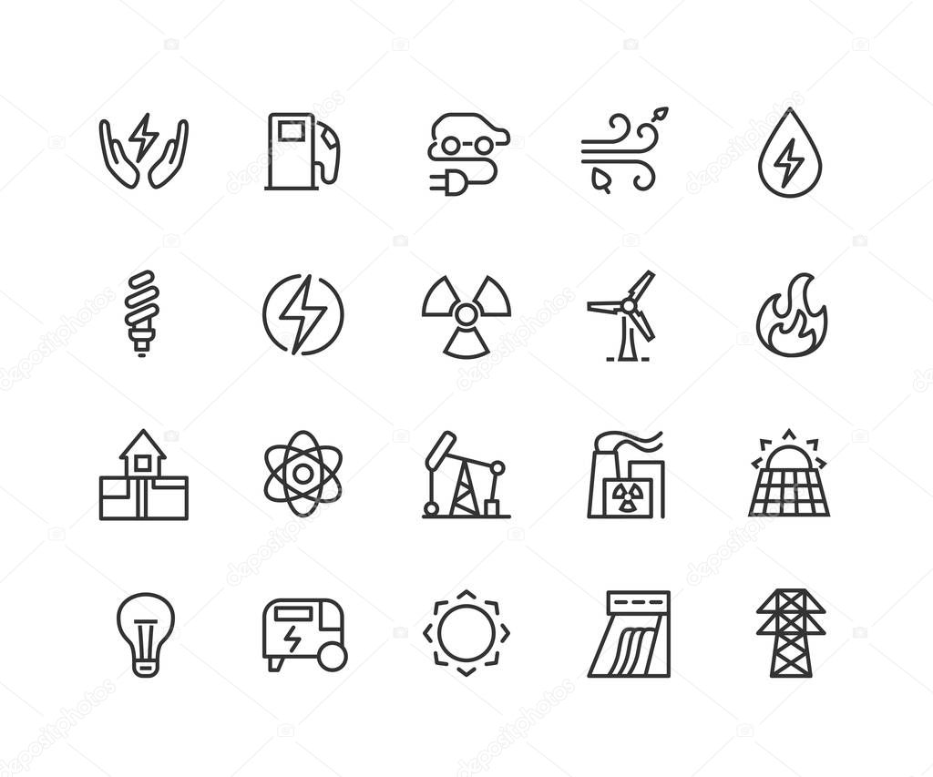 Electric energy linear icons set. Electricity. Power generation and accumulation. Thin line contour symbols. Isolated vector outline illustrations. Editable stroke 48x48 Pixel Perfect.