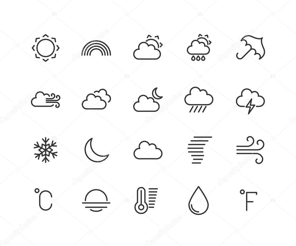 Weather forecast linear icons set. Snow, rain, sleet. Shower or drizzle, thunderstorm. Sunny, cloudy, foggy and windy weather. Isolated vector outline illustrations editable stroke 48x48 Pixel Perfect