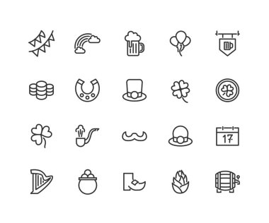 St Patricks Günü doğrusal Icons set. Bira, takvim, şapka içerir. İnce çizgi kontur sembolleri. İzole vektör anahat çizimler. Düzenlenebilir inme. 48 x 48 piksel mükemmel.