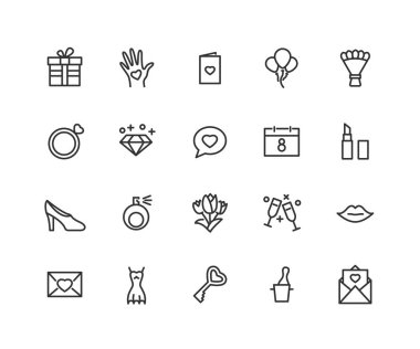 8 Mart basit bir Set vektör hat simgeleri ile ilgili. Hediye kutusu, yüzük, kozmetik ve daha fazla olarak böyle simgeleri içerir. Düzenlenebilir inme. 48 x 48 piksel mükemmel.