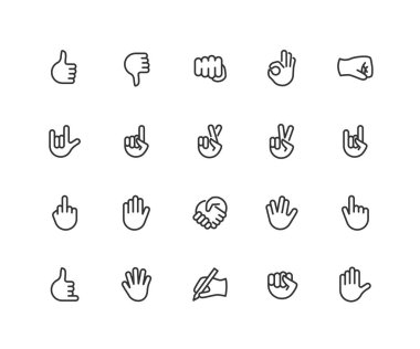 El jest doğrusal Icons set. Serin, Merhaba, onay heavy metal, başparmak yukarıya, yumruk, yön noktasını sembolleri işaret. Satır düzenlenebilir kontur ince. 48 x 48 piksel mükemmel.