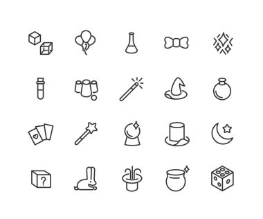 Magic basit bir Set vektör hat simgeleri ile ilgili. Sihirli şapka, değnek, küp, etkisi ve daha fazla olarak böyle simgeleri içerir. Düzenlenebilir inme. 48 x 48 piksel mükemmel.