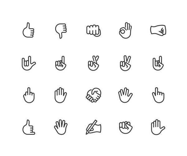 Hand gesture linear icons set. Point out, cool, approve, hello, heavy metal, thumbs up, fist, direction point symbols. Thin line Editable Stroke. 48x48 Pixel Perfect.