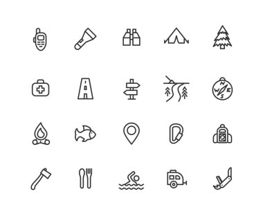 Basit kamp vektör hat simgeler kümesi. Böyle simgelerle Walkie Talkie, kamp ateşi, belirlemekte ve daha fazlasını içerir. Düzenlenebilir vektör inme. 48 x 48 piksel mükemmel.