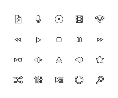 Basit Multimedya vektör hat simgeler kümesi. Çalma listesi, shuffle, sessiz ve daha fazla olarak böyle simgeleri içerir. Düzenlenebilir vektör inme. 48 x 48 piksel mükemmel.