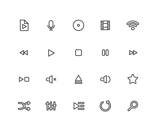 Semplice set di icone della linea vettoriale multimediale. Contiene icone come playlist, shuffle, mute e altro ancora. Corsa vettoriale modificabile. 48x48 pixel perfetto . — Vettoriale Stock