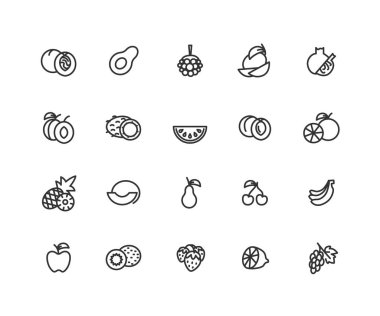 Basit meyve vektör hat simgeler kümesi. Elma, vişne, portakal ve daha fazla olarak böyle simgeleri içerir. Düzenlenebilir vektör inme. 48 x 48 piksel mükemmel.