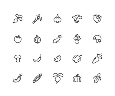 Basit sebze vektör hat simgeler kümesi. Havuç, biber, Mısır ve daha fazla olarak böyle simgeleri içerir. Düzenlenebilir vektör inme. 48 x 48 piksel mükemmel.
