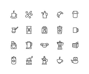 Sade kahve vektör hat simgeler kümesi. Böyle simgelerle kahve çanta, kruvasan, çaydanlık, kek, çikolata ve daha fazlasını içerir. Düzenlenebilir vektör inme. 48 x 48 piksel mükemmel.