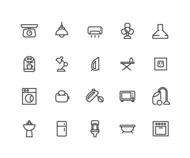 Basit mutfak ve banyo ilgili vektör hat simgeler kümesi. Böyle simgelerle aspiratör fan, Mikser, tost makinesi, fırın ve daha fazlasını içerir. Düzenlenebilir inme. 48 x 48 piksel mükemmel.