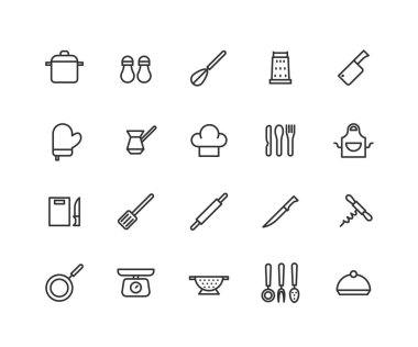 Basit set pişirme aletleri Ilgili vektör çizgi simgeleri. Mutfak araçları gibi simgeler içerir, pişirme eşyaları Pan ve daha fazlası. Düzenlenebilir kontur. 48x48 piksel mükemmel.