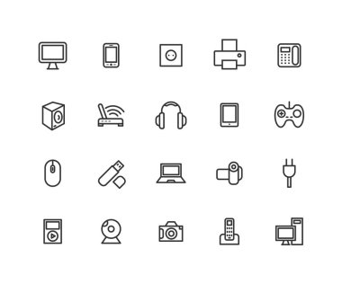 Tüketici elektroniği vektör hattı simgeleri basit seti. Kamera, LCD monitör, USB ve daha fazlası gibi simgeleri içerir. Düzenlenebilir vektör kontur. 48x48 piksel mükemmel.