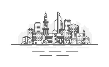 Anvers, Belçika mimarisi line siluet illüstrasyon. Ünlü simgeleri, şehir manzaraları, tasarım simgeleri ile lineer vektör cityscape. Editable vuruşlu yatay.