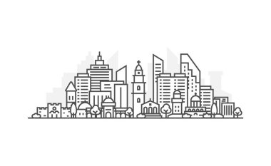 İsrail, Kudüs mimarisi çizgi siluet illüstrasyon. Ünlü simgeleri, şehir manzaraları, tasarım simgeleri ile lineer vektör cityscape. Editable vuruşlu yatay.