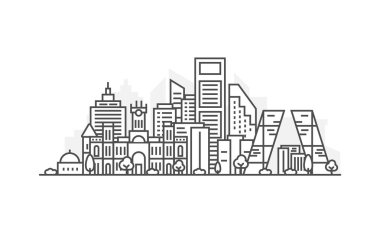 Madrid, İspanya mimari çizgi siluet illüstrasyon. Ünlü simgeleri, şehir manzaraları, tasarım simgeleri ile lineer vektör cityscape. Editable vuruşlu yatay.