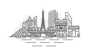 Paris, Fransa mimari çizgi siluet illüstrasyon. Ünlü simgeleri, şehir manzaraları, tasarım simgeleri ile lineer vektör cityscape. Editable vuruşlu yatay.
