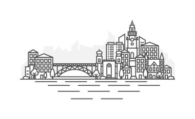 Portekiz, Porto mimarisi hattı siluet illüstrasyon. Ünlü simgeleri, şehir manzaraları, tasarım simgeleri ile lineer vektör cityscape. Editable vuruşlu yatay.