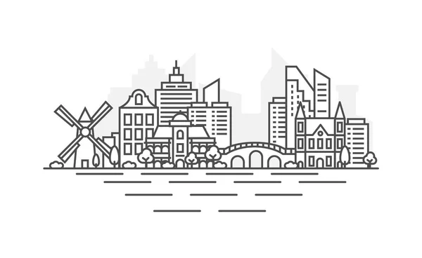 Амстердам, Нідерланди архітектурна лінія горизонт ілюстрації. Лінійний векторний міський пейзаж з відомими пам'ятками, пам'ятками міста, дизайнерськими іконками. Альбомна з редагованими штрихами. — стоковий вектор