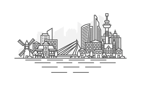 ロッテルダム、オランダ建築ラインのスカイラインイラスト。有名なランドマーク、都市の観光スポット、デザインアイコンと線形ベクター都市景観。編集可能なストロークを含む横. — ストックベクタ
