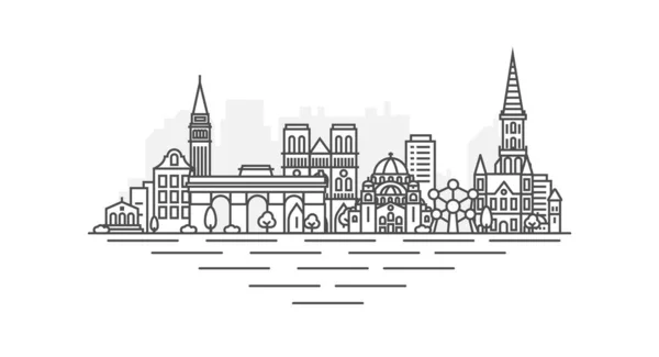 ブリュッセル市、ベルギーの建築ラインスカイラインイラスト。有名なランドマーク、都市観光スポット、デザインアイコンを持つ線形ベクトルの街並み、白い背景に孤立した編集可能なストローク. — ストックベクタ