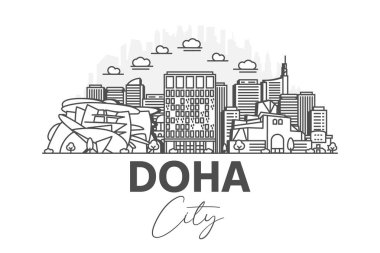 Doha, Katar mimarisi gölgeli ufuk çizgisi çizimi. Ünlü şehir işaretleri, şehir görüşleri, tasarım simgeleri ile doğrusal vektör şehri.