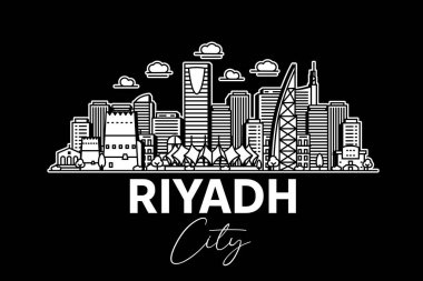 Riyad, Suudi Arabistan mimarisi. Gölgelerle ufuk çizgisi çizimi. Ünlü şehir işaretleri, şehir görüşleri, tasarım simgeleri ile doğrusal vektör şehri.