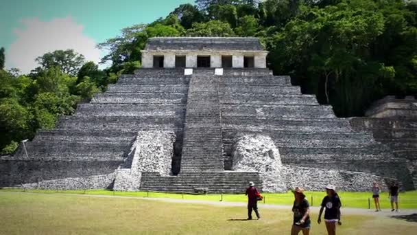 Turisté obdivovat chrám Jaguar v archeologická zóna Palenque. — Stock video