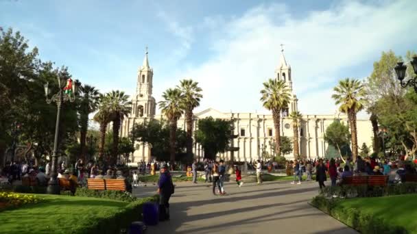 Arequipa Peru Aralık 2019 Ana Meydanın Panoramik Manzarası Güneşli Bir — Stok video