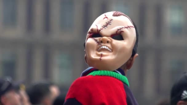 Mexico City November 2019 Boy Wears Halloween Mask While Shoulders — Stock Video