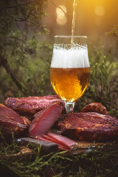 Glass Ice Cold Crafted Beer Homemade Cold Smoked Pork Meat — Stock Photo, Image