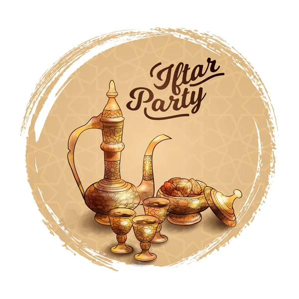 Рамадан Карим Исламистский Баннер Партии Ифтар Ручной Рисунок Арабский Чайник — стоковый вектор