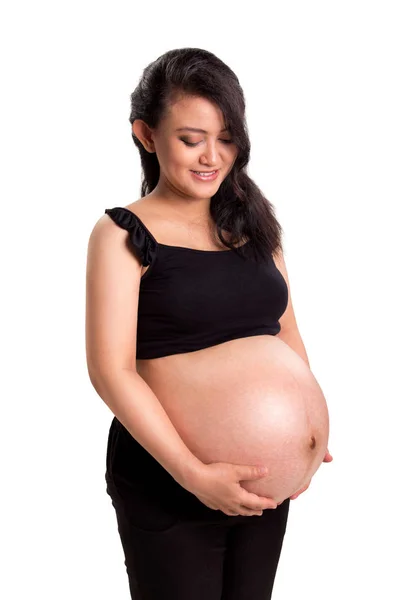 Jonge Aziatische Moeder Haar Grote Zwangere Buik Portret Geïsoleerd Tegen — Stockfoto