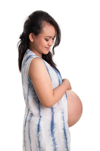 Zwangere Moeder Verwacht Bevalling Kijkt Neer Haar Buik Zijaanzicht Portret — Stockfoto