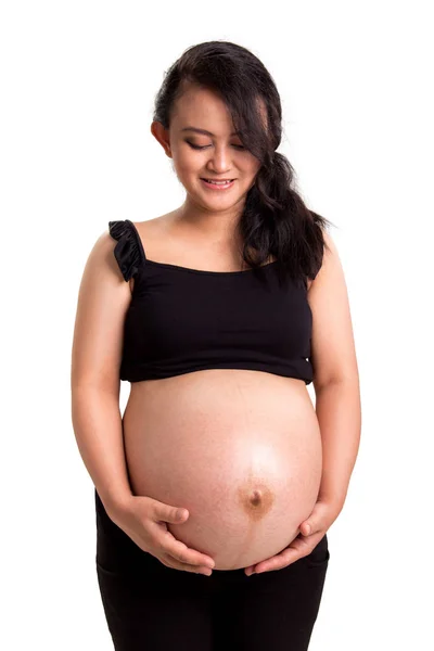 Portret Van Zwangere Moeder Zwarte Top Strelen Haar Buik Geïsoleerd — Stockfoto