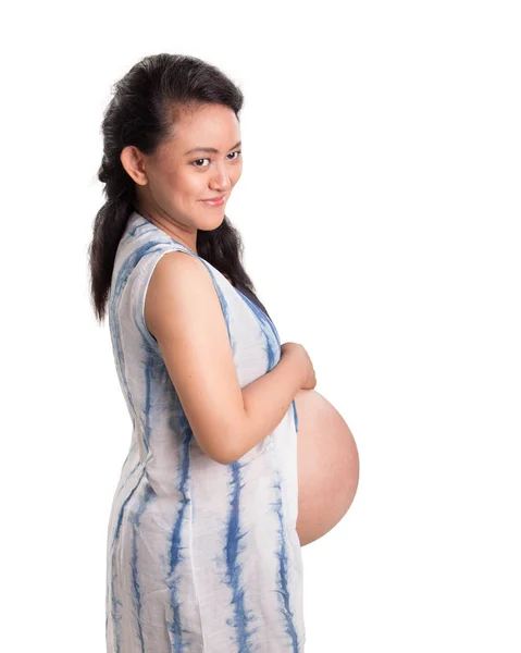 Zwangere Moeder Verwacht Bevalling Zijwaarts Geïsoleerde Portret Overziet Met Witte — Stockfoto