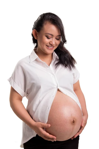 Portrait Smiling Asian Woman Maternity Looking Her Pregnant Belly Isolated Royalty Free Stock Images