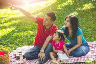 Piknik bir park. Bir şey ailesi için gösterilen baba parmağını yukarı dönük