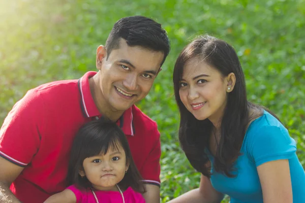 Прекрасная Азиатская Семья Парке Портрет Крупным Планом Зеленая Трава Заднем — стоковое фото